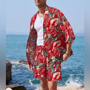 COOFANDY Men's 2 Pieces Outfit Lightweight Kimono Set Beach Shirt with Shorts